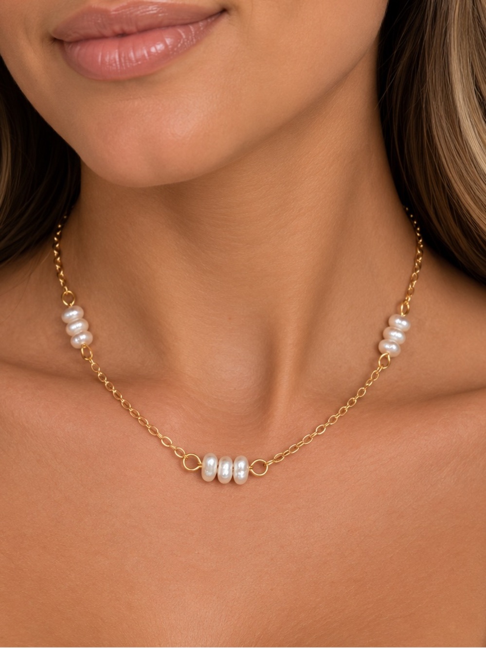 Oshena Designer Beachwear Gold and genuine White Pearl Necklace